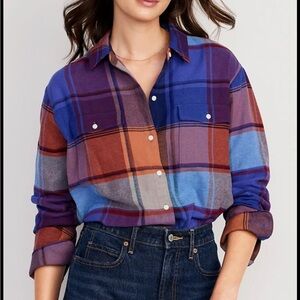 Old Navy - Loose Flannel Boyfriend Plaid Shirt in Blue and Orange - size Medium